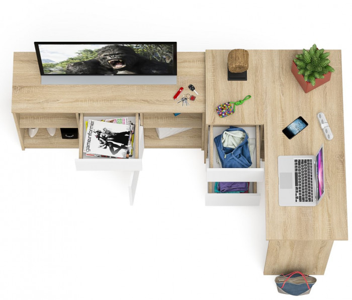 Мори компьютерный стол МС-16 левый + Тумба МТВ1204.1, дуб сонома/белый