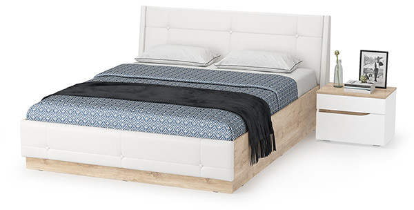Муссон Кровать 11.28 + подъёмный ортопед + Тумба 16.03, цвет белый/дуб эндгрейн элегантный/кожзам белый, сп. м. 1600х2000 мм., б/м