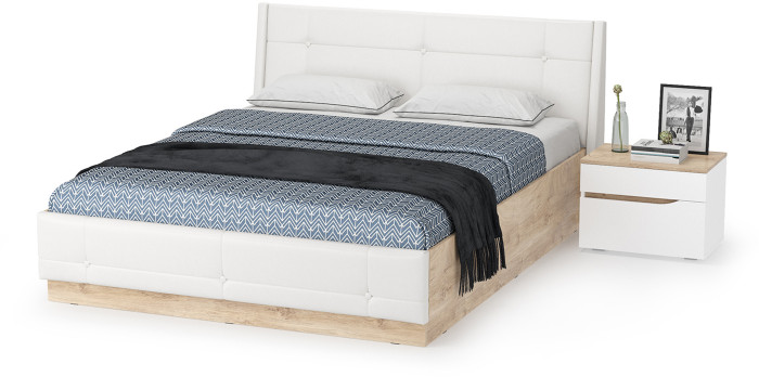 Муссон Кровать 11.28 + подъёмный ортопед + Тумба 16.03, цвет белый/дуб эндгрейн элегантный/кожзам белый, сп. м. 1600х2000 мм., б/м