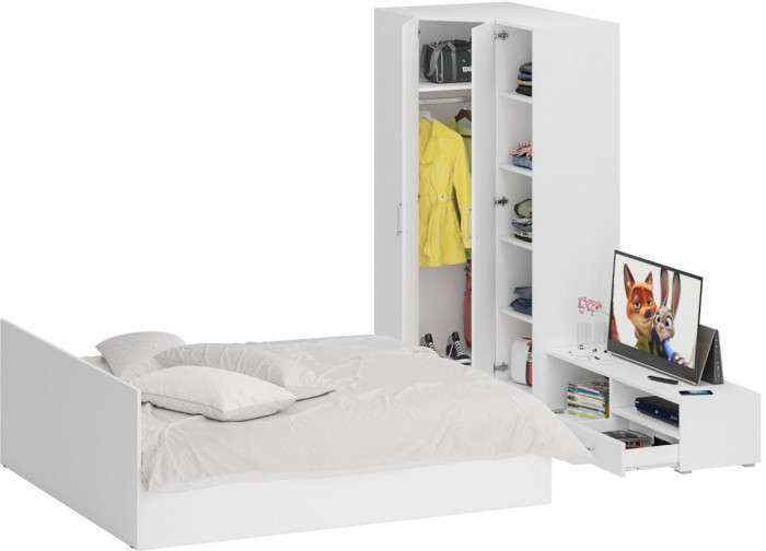 Спальня Стандарт 4-1800, белый/фасады ТВ тумбы МДФ белый глянец