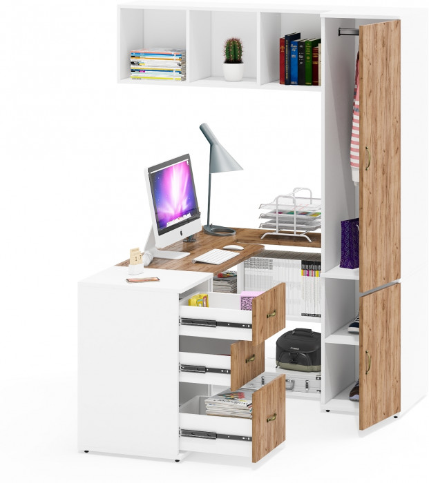 Лидер-8 Стол + Полка + Тумба МД 3.16 + Пенал МД 23Б, белый шагрень/крафт золото