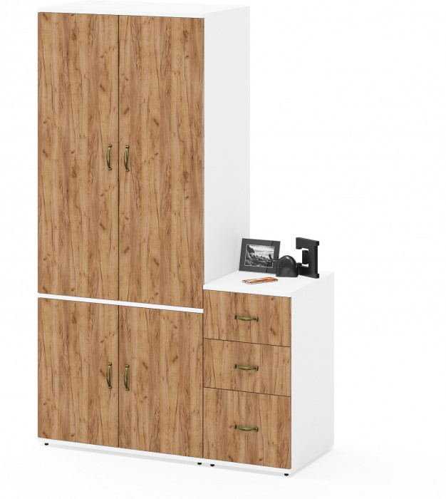 Лидер-8 Шкаф МД 19Б + Тумба МД 3.16, белый шагрень/крафт золото