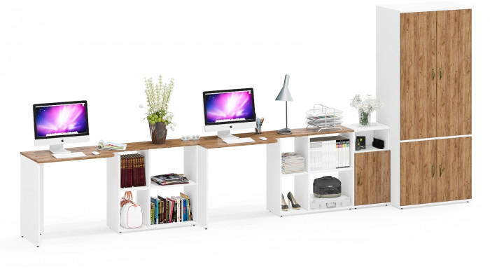 Лидер-8 Стол + Стол + Шкаф МД 19Б + Тумба МД 3.19, цвет белый шагрень/крафт золото, ШхГхВ 450х50х75/190 или 230х200/50х75/190 см., НЕ ун. сб.