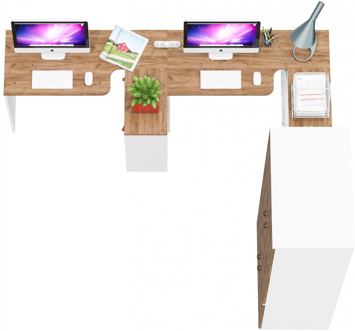 Лидер-8 Стол + Стол + Шкаф МД 19Б + Тумба МД 3.19, цвет белый шагрень/крафт золото, ШхГхВ 450х50х75/190 или 230х200/50х75/190 см., НЕ ун. сб.