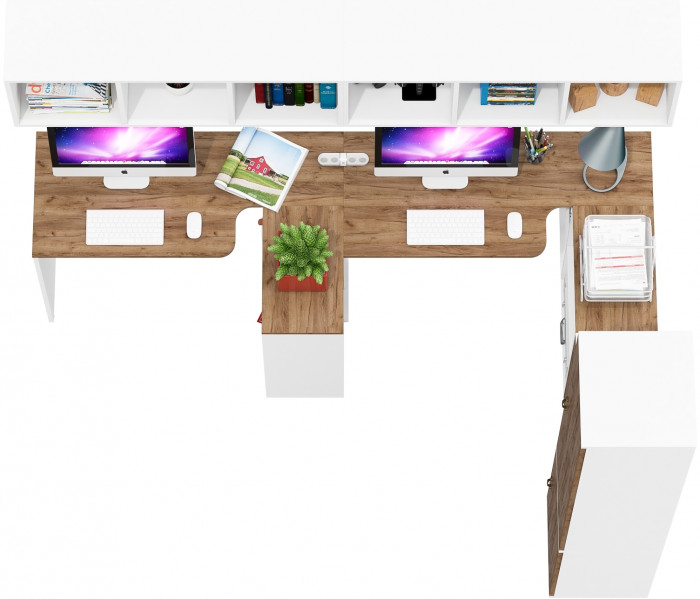 Лидер-8 Стол + Полка + Стол + Полка + Пенал МД 22Б + Тумба МД 3.15, белый шагрень/крафт золото