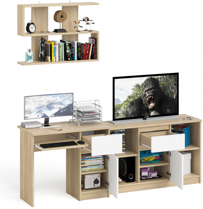 Мори компьютерный стол МС-1 правый + Тумба МТВ1204.1 + Полка 900, дуб сонома/белый