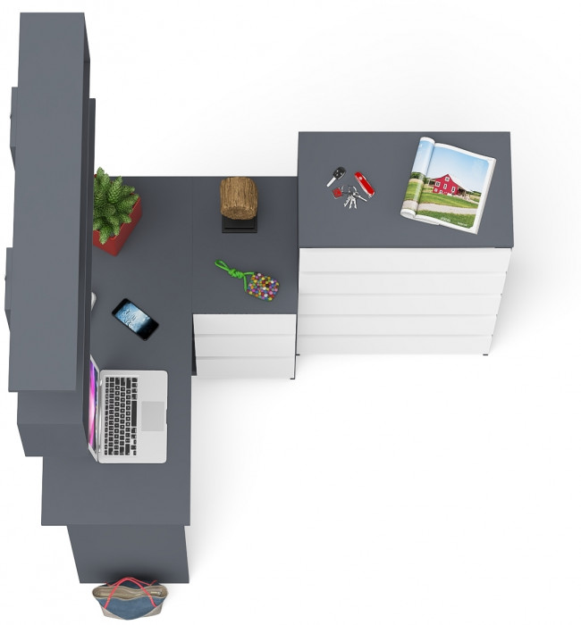 Мори компьютерный стол МС-16 правый + Комод МК700.5 + Полка 1200, графит/белый