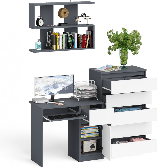 Мори Стол компьютерный МС-1 правый + Комод МК700.5 + Полка 900, цвет графит/белый, ШхГхВ 160,4х50х209,6 см., НЕ универсальная сборка