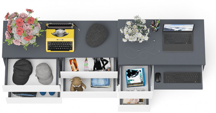 Мори Стол компьютерный МС-6 левый + Комод МК1200.6, цвет графит/белый, ШхГхВ 210,4х50х76,6 см., выдвижные ящики слева, НЕ универсальная сборка