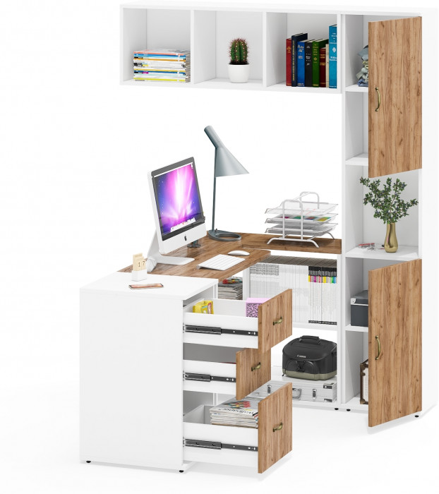 Лидер-8 Стол + Полка + Тумба МД 3.16 + Пенал, белый шагрень/крафт золото