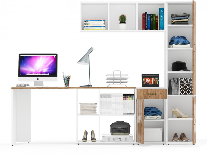 Лидер-8 Стол + Полка + Тумба МД 3.15 + Пенал МД 22Б, цвет белый шагрень/крафт золото, ШхГхВ 245х50/37,5х75/190 или 115х160/50х75/190 см., НЕ ун. сб.