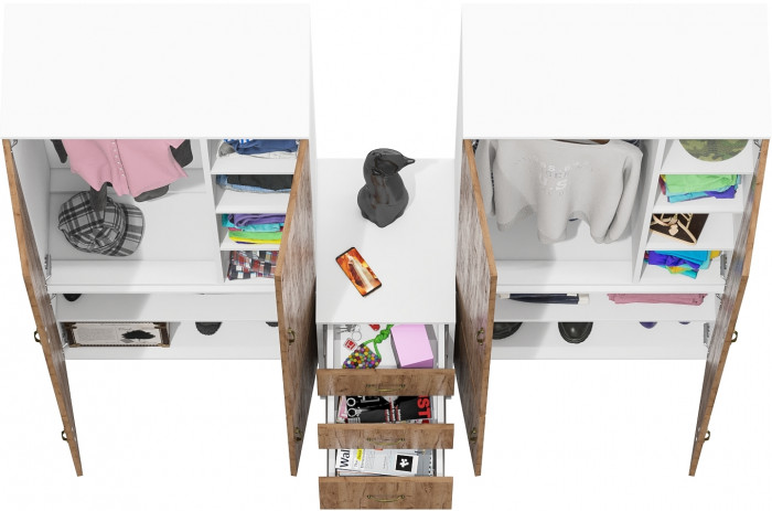 Лидер-8 Шкаф МД 20Б + Шкаф МД 20Б + Тумба МД 3.16, цвет белый шагрень/крафт золото, ШхГхВ 200х50х190 см., НЕ универсальная сборка