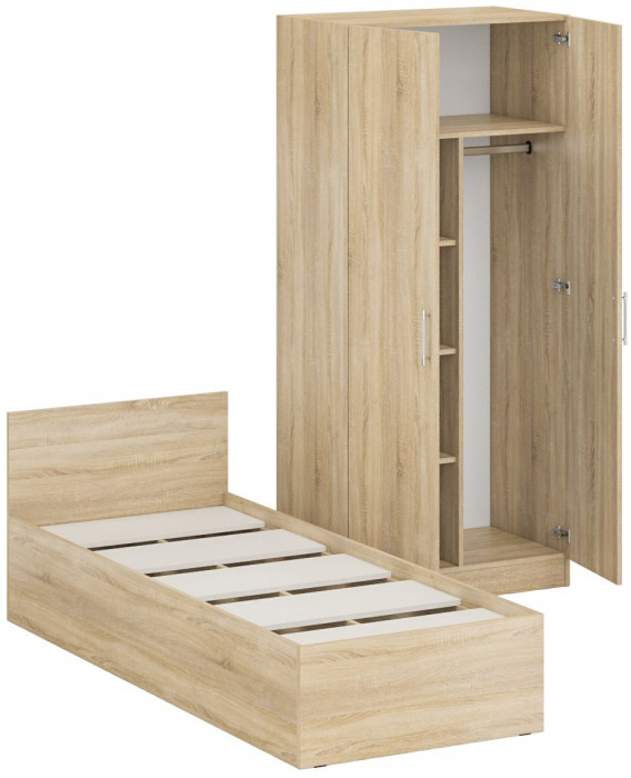 Кровать 0800 + Шкаф 2-х створчатый Стандарт, цвет дуб сонома, ШхГхВ 83,5х203,5х70 + 90х52х200 см., сп.м. 800х2000 мм., без матраса, основание есть