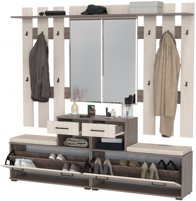 Лира ГК Прихожая 2 Два х Тумба под обувь + Два х Вешалка с зеркалом, цвет бодега тёмный/бодега светлый, ШхГхВ 200х33х185 см., универсальная сборка