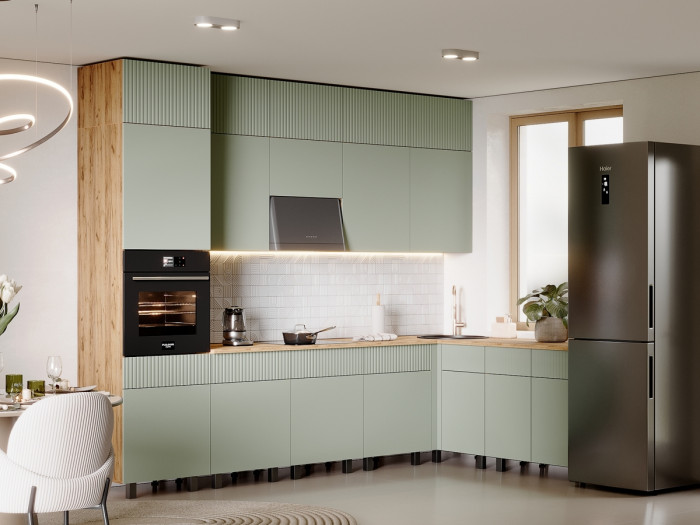 Кухня Оливия NEW 3,0х1,8/1080м Компоновка №2, Крафт золотой/Олива софт