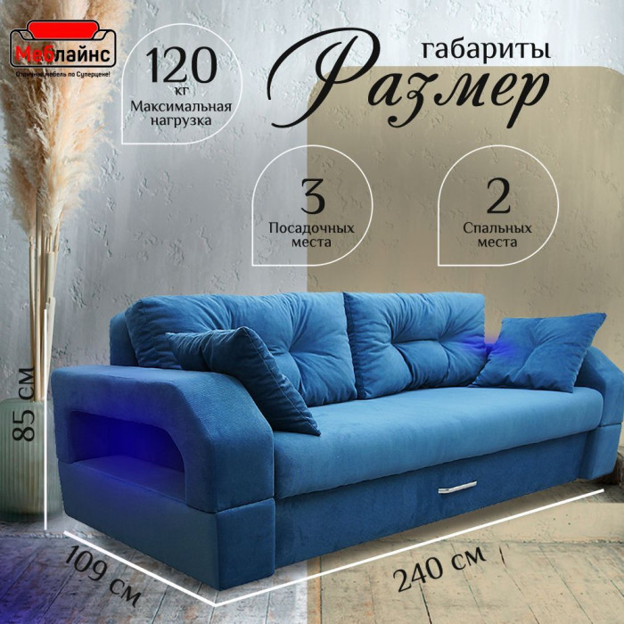 Диван-кровать Манчестер, еврокнижка, велюр, 150х195, синий