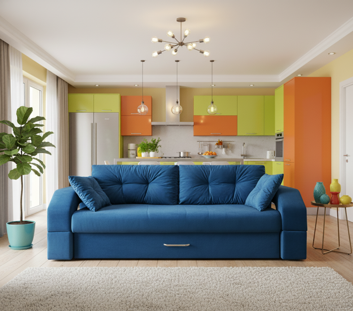 Диван-еврокнижка Манчестер, пружинный блок, 150х195, подсветка, велюр синий