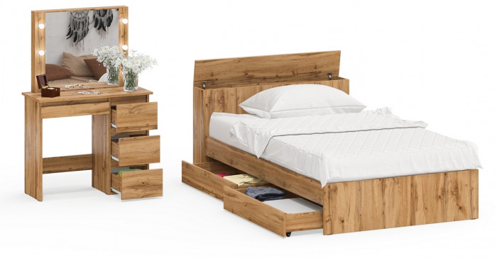 Ксения Кровать с ящиками 1200 + Стол косметический с подсветкой Сура, дуб вотан