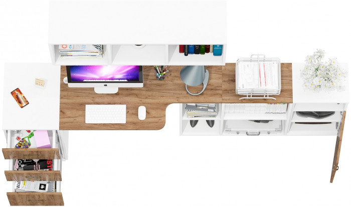 Лидер-8 Стол + Полка + Тумба МД 3.16 + Тумба МД 3.19, белый шагрень/крафт золото