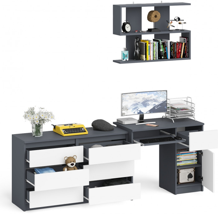 Мори компьютерный стол МС-1 правый + Комод МК1200.6 + Полка 900, графит/белый