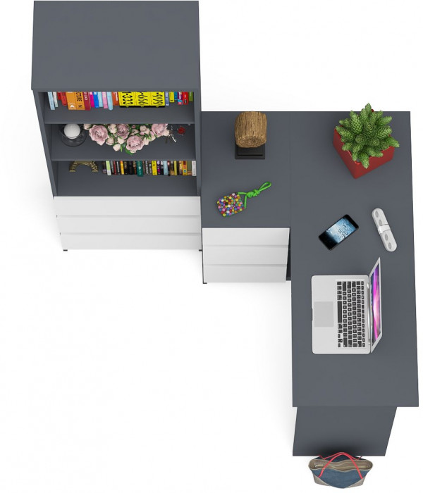 Мори компьютерный стол МС-16 левый + Стеллаж МСТ600.3, графит/белый