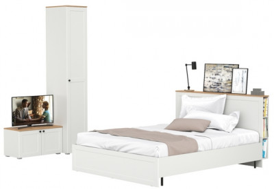 Остин 11.53 Кровать + ортопед + 13.225 Шкаф-пенал + 13.257 Тумба, белый шагрень/дуб крафт золотой