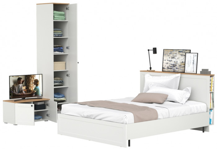 Остин 11.53 Кровать + ортопед + 13.225 Шкаф-пенал + 13.257 Тумба, белый шагрень/дуб крафт золотой