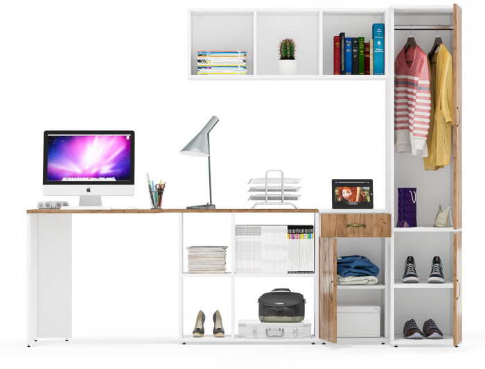 Лидер-8 Стол + Полка + Тумба МД 3.15 + Пенал МД 23Б, цвет белый шагрень/крафт золото, ШхГхВ 245х50/37,5х75/190 или 115х160/50х75/190 см., НЕ ун. сб.