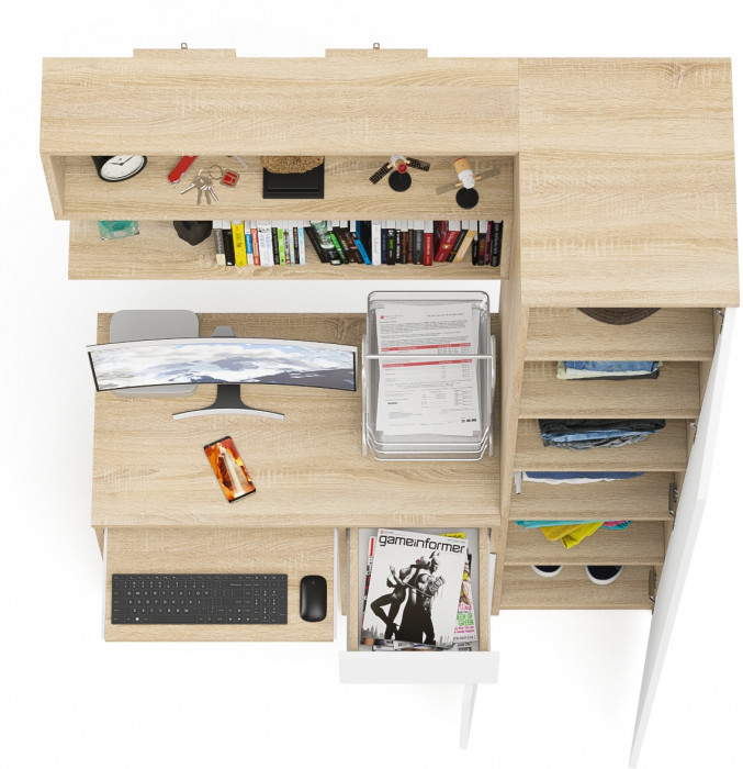 Мори Стол компьютерный МС-1 правый + Пенал МШ400.1 + Полка 900, цвет дуб сонома/белый, ШхГхВ 130,4х50,4х209,6 см., НЕ универсальная сборка