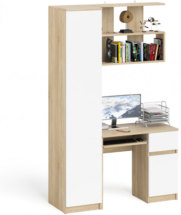 Мори Стол компьютерный МС-1 правый + Пенал МШ400.1 + Полка 900, цвет дуб сонома/белый, ШхГхВ 130,4х50,4х209,6 см., НЕ универсальная сборка