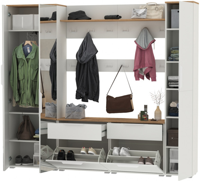 Октава Прихожая 33, цвет белый шагрень/дуб крафт золотой/фасады МДФ белый шагрень, ШхГхВ 226,4х35,4х197,6 см., универсальная сборка