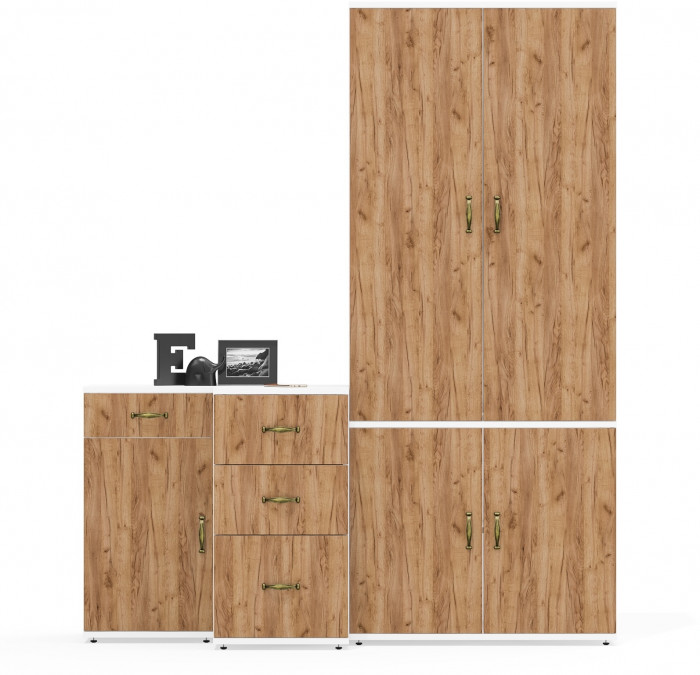 Лидер-8 Шкаф МД 20Б + Тумба МД 3.15 + Тумба МД 3.16, белый шагрень/крафт золото