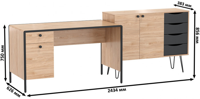 Брюс Стол письменный 12.157 + Комод 16.233, цвет чёрный/Battle rock Santiago/столешница МДФ ель карпатская, 243,4х62,6(38,3)х75(85,6) см., ун. сб.