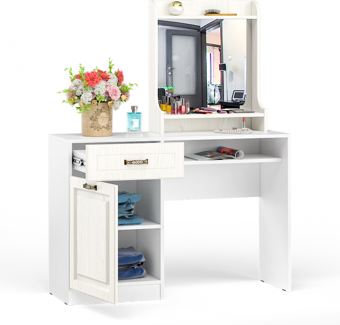 Ливерпуль Стол туалетный 12.46 + Полка 10.118, цвет ясень ваниль/белый, ШхГхВ 119,8х41,3х152,3 см., НЕ универсальная сборка