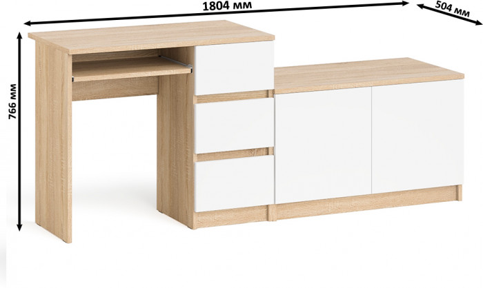 Мори Стол компьютерный МС-6 правый + Тумба МА900.1, цвет дуб сонома/белый, ШхГхВ 180,4х50,4х76,6 см., выдвижные ящики справа, НЕ универсальная сборка
