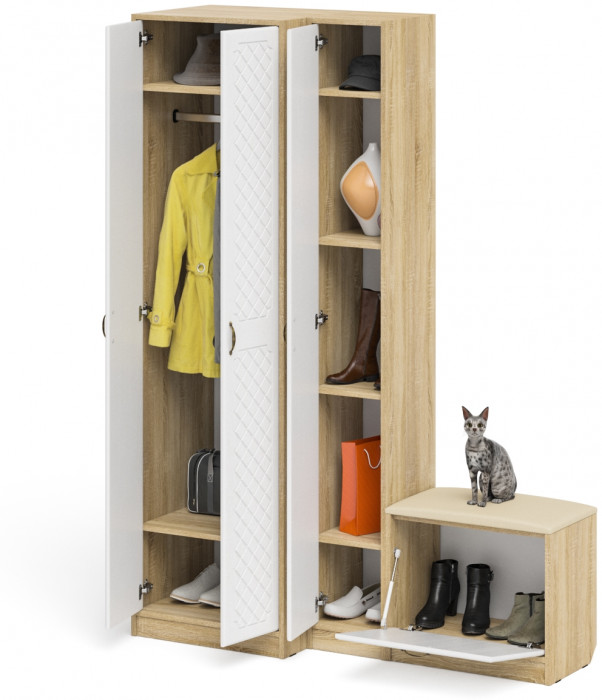 Прихожая П-6 Компоновка № 25, дуб сонома/фасады МДФ белое дерево фрезеровка ромб