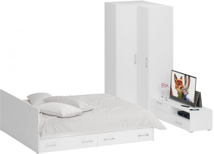 Спальня Стандарт 4-1800Я, белый/фасады ТВ тумбы МДФ белый глянец