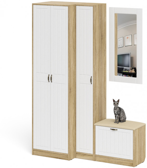 Прихожая П-6 Компоновка № 26, цвет дуб сонома/фасады МДФ белое дерево фрезеровка прованс, ШхГхВ 150х50х210 см., универсальная сборка