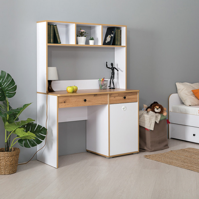 Вуди письменный стол 12.42 + Надстройка на стол 13.161, белый премиум/дуб крафт золотой