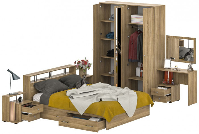 Камелия спальня № 9 Кровать с ящиками 1600 + Две тумбы + Стол космет. + Зеркало + Шкаф 4-х, дуб сонома