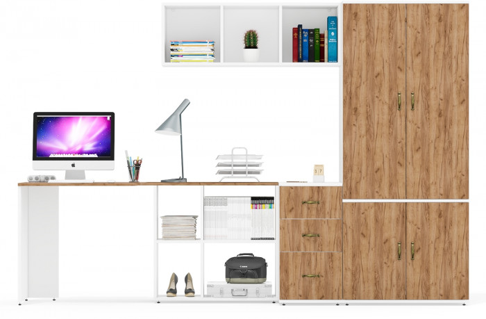 Лидер-8 Стол + Полка + Тумба МД 3.16 + Шкаф МД 19Б, белый шагрень/крафт золото