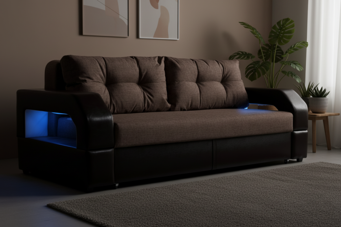 Диван-еврокнижка Манчестер 160х200, с подсветкой, велюр/экокожа коричневая