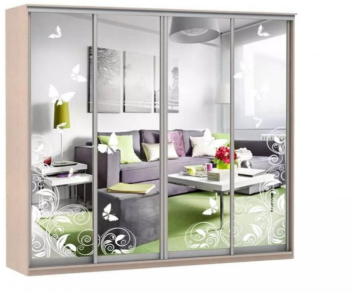 Шкаф купе Модерн 2362х600 4-х дверный 4-х секционный зеркальный с пескоструем №4 ясень