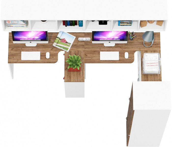 Лидер-8 Стол + Полка + Стол + Полка + Пенал МД 23Б + Тумба МД 3.15, белый шагрень/крафт золото