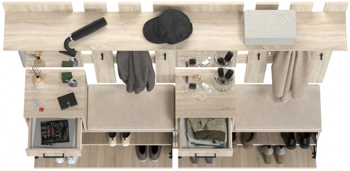 Лира ГК Прихожая 2 Два х Тумба под обувь + Два х Вешалка с зеркалом, цвет дуб сонома, ШхГхВ 200х33х185 см., универсальная сборка