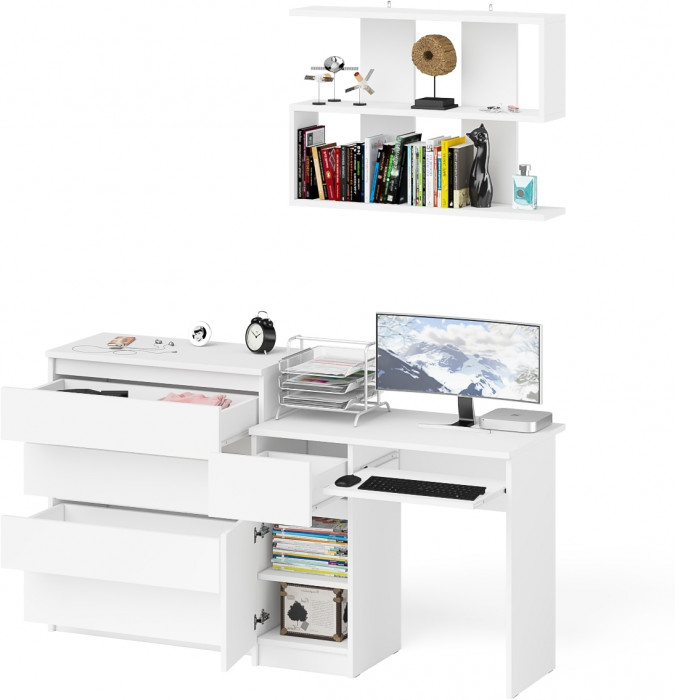 Мори Стол компьютерный МС-1 левый + Комод МК800.4 + Полка 900, цвет белый, ШхГхВ 170,4х50х209,6 см., НЕ универсальная сборка