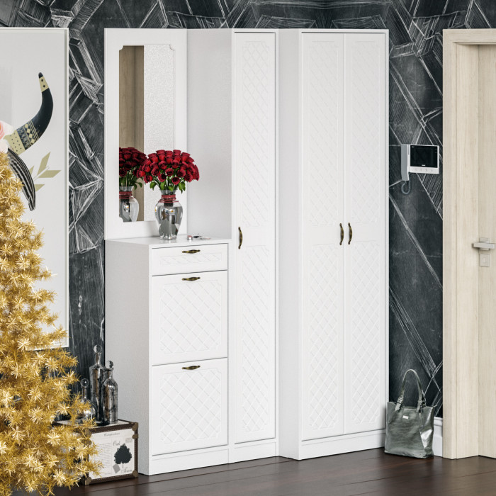 Прихожая П-6 Тумба для обуви 2 секции + Зеркало, цвет белая шагрень/фасады МДФ белое дерево фрезеровка ромб, ШхГхВ 50х35х210 см.