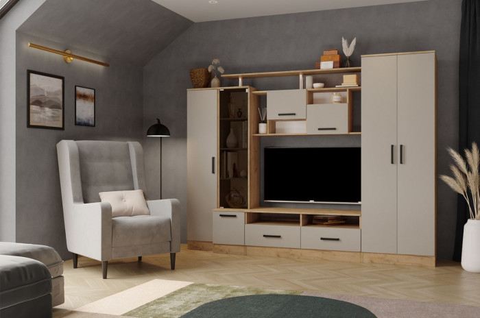 Гостиная Оскар-5 (2500*1920*450) дуб крафт золотой/кашемир