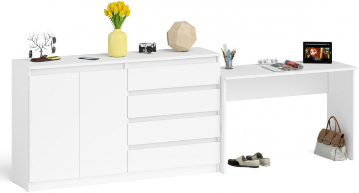 Мори Стол письменный МСП1200.1 + Комод МК1600.1, цвет белый, ШхГхВ 280,8х50х94 см., универсальная сборка