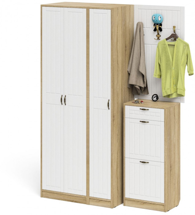 Прихожая П-6 Компоновка № 50, дуб сонома/фасады МДФ белое дерево фрезеровка прованс